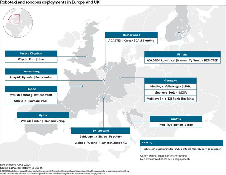 Global illustrative view of robotaxi and robobus deployments across Europe and UK